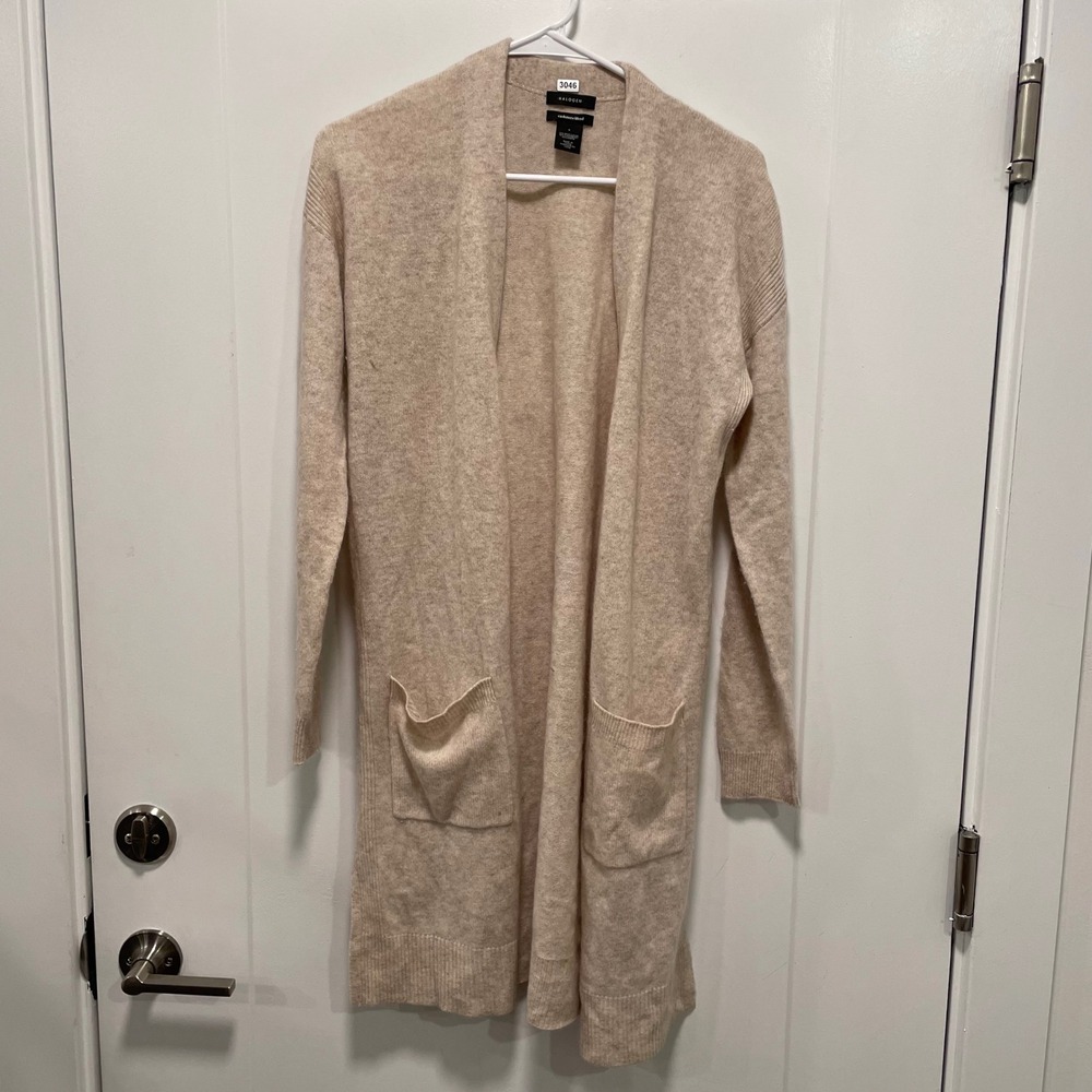 Halogen Womens Cashmere Wool Blend Open Front Long Cardigan Sweater Beige Small
